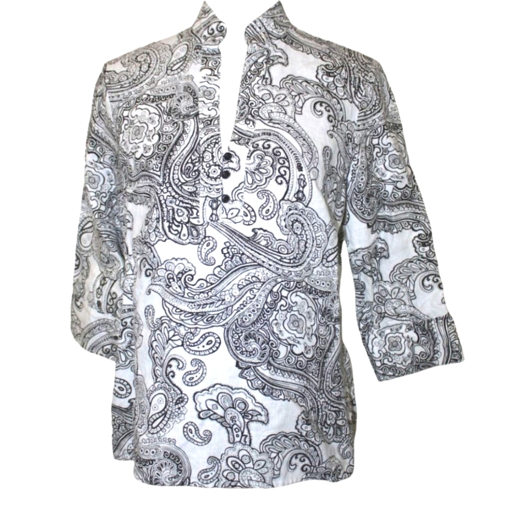 Tweeds Linen Tunic White Black Paisley Popover 3/4 Sleeve